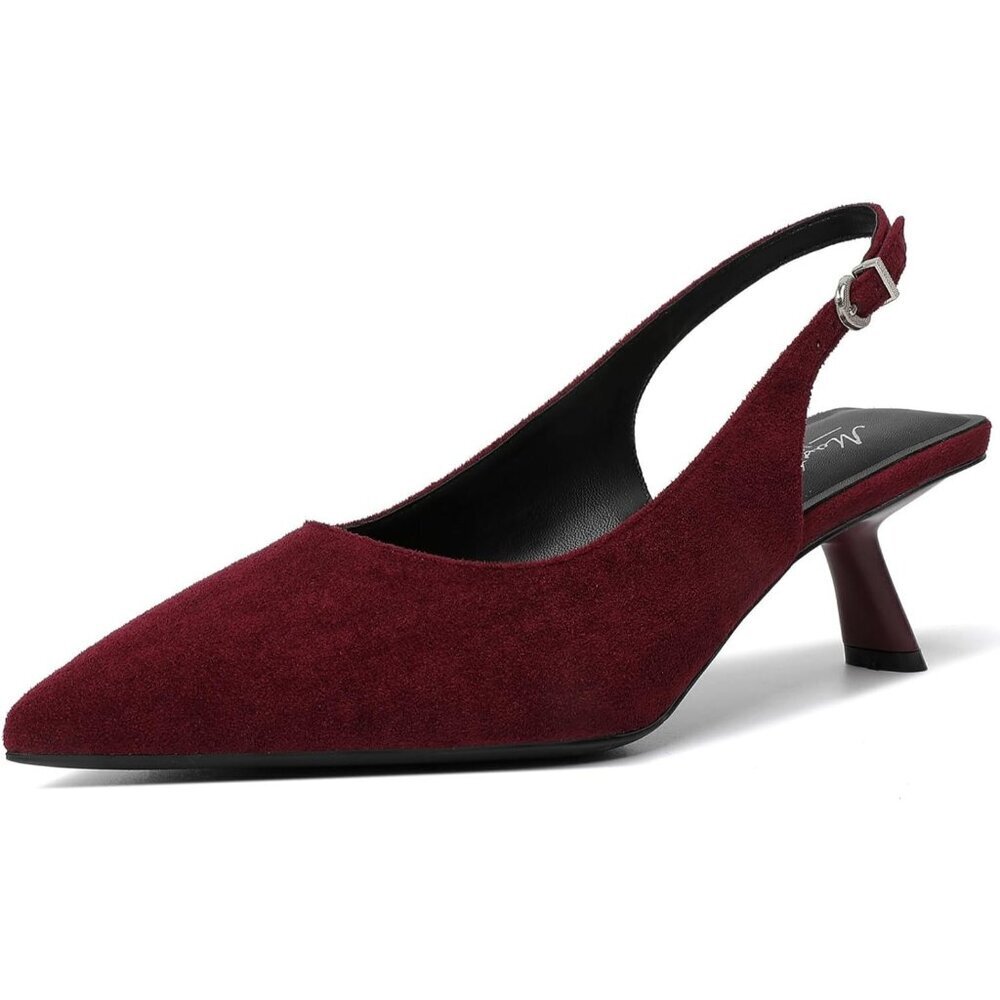 Women's Burgundy Suede Pointed Toe Pumps Patent Leather Low Heel with Buckle
